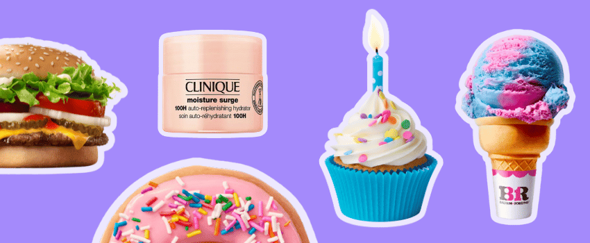 A collage of best birthday freebies, featuring a burger, Clinique moisturizer, cupcake with candle, frosted doughnut, and ice cream cone on a vibrant purple background.