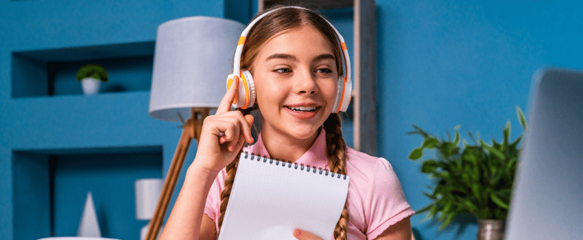 smiling girl teen listening to headphones